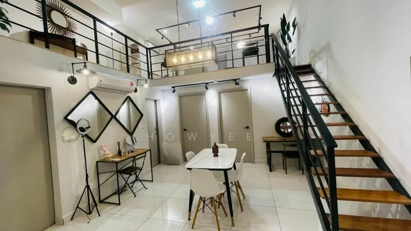 Living features: white painted walls, marble tile flooring, exposed ceiling with track lighting, 5-blade ceiling fan, wooden staircase, dining table with four chairs, decorative wall mirrors, wooden console table, air conditioning unit, decorative plants, artwork on walls; style: modern.
