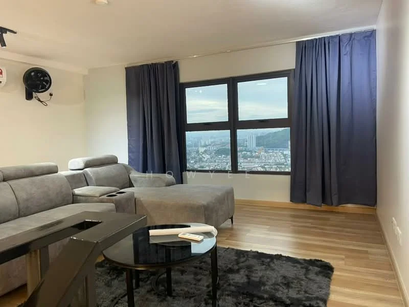 Living features: grey fabric sectional sofa, black coffee table, floor-to-ceiling windows, city skyline view, dark curtains, wooden flooring, wall-mounted split AC, area rug with plush texture; style: modern; view: city.
