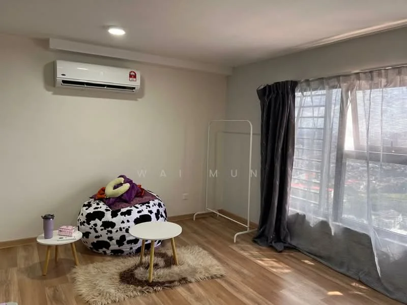 Room features: wall-mounted split AC, large window with city view, curtains, wooden flooring, bean bag chair, round area rug, light-colored painted walls, clothes rack; style: modern; view: city.