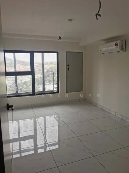 Room features: white painted walls, marble tile flooring, 1 wall-mounted split AC, floor-to-ceiling windows, grey door, ceiling with exposed wiring, natural light from windows, view of surrounding area; style: modern; view: city.