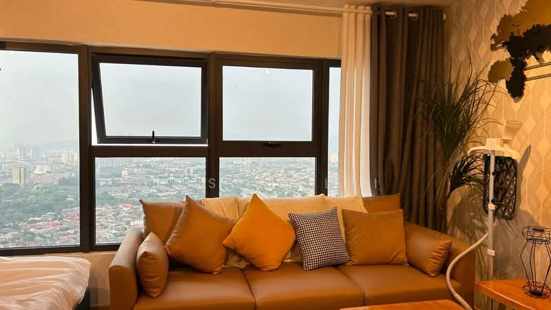 Living features: large floor-to-ceiling windows, brown leather sofa, decorative throw pillows in various colors, wooden coffee table, wall-mounted decor, curtains in neutral tones, indoor plant, geometric wallpaper, wooden flooring; style: modern; view: city.