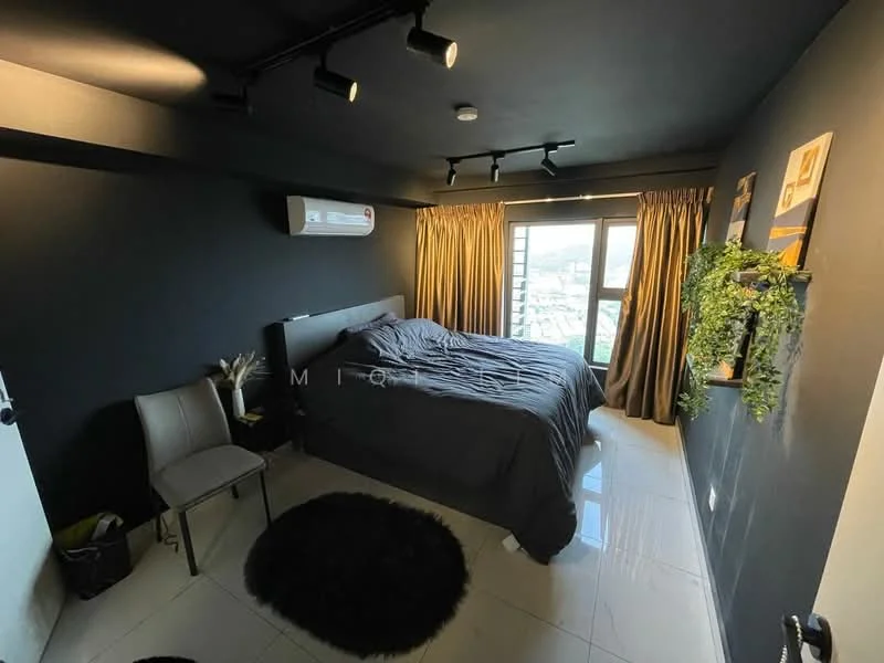 Bedroom features: king-size bed with dark bedding, floor-to-ceiling windows, black painted walls, white tiled flooring, recessed LED downlights, 1 wall-mounted split AC, curtains, decorative wall plants, black area rug, chair, framed artwork on walls; style: modern; view: city.