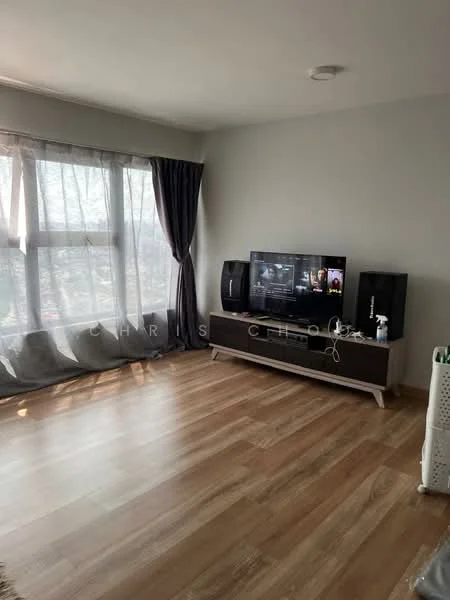 Living features: laminate flooring, light grey painted walls, floor-to-ceiling windows, sheer curtains, TV console in dark wood, wall-mounted TV, decorative items on console, recessed ceiling lights; style: modern.