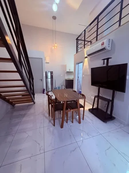 Living features: white painted walls, marble tile flooring, 5-blade ceiling fan with light, recessed downlights, wall-mounted TV, TV console, dining table with four chairs, air conditioning unit, stainless-steel fridge, open staircase with wooden steps and metal railing; style: modern.