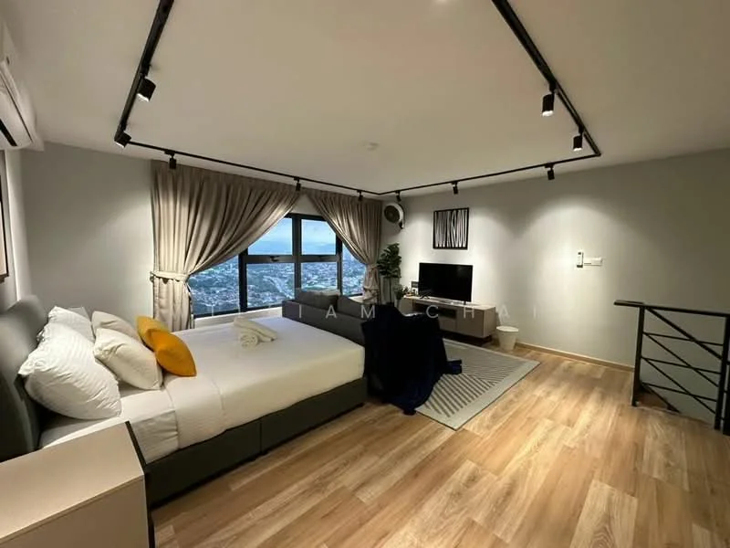 Bedroom features: king-size bed with white bedding, upholstered headboard, decorative yellow throw pillow, wooden flooring, floor-to-ceiling windows with city view, sheer curtains, recessed LED downlights, track lighting, wall-mounted air conditioning unit, area rug with geometric pattern, study desk, chair, decorative wall art; style: modern; view: city.