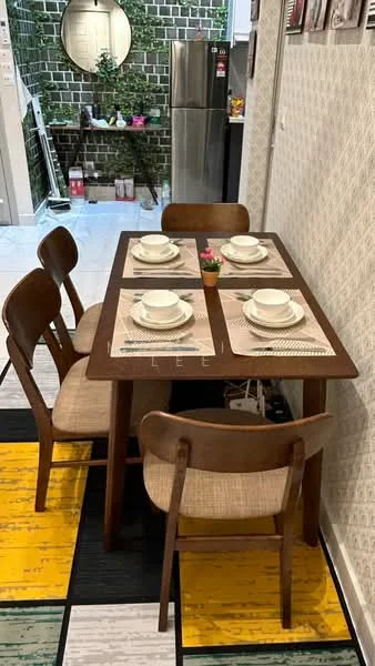 Dining features: wooden dining table, 4 dining chairs with woven seats, table set with plates and cutlery, decorative plant on table, textured wall with geometric pattern, green tiled backsplash, refrigerator visible in background, flooring with multi-colored tiles; style: modern.
