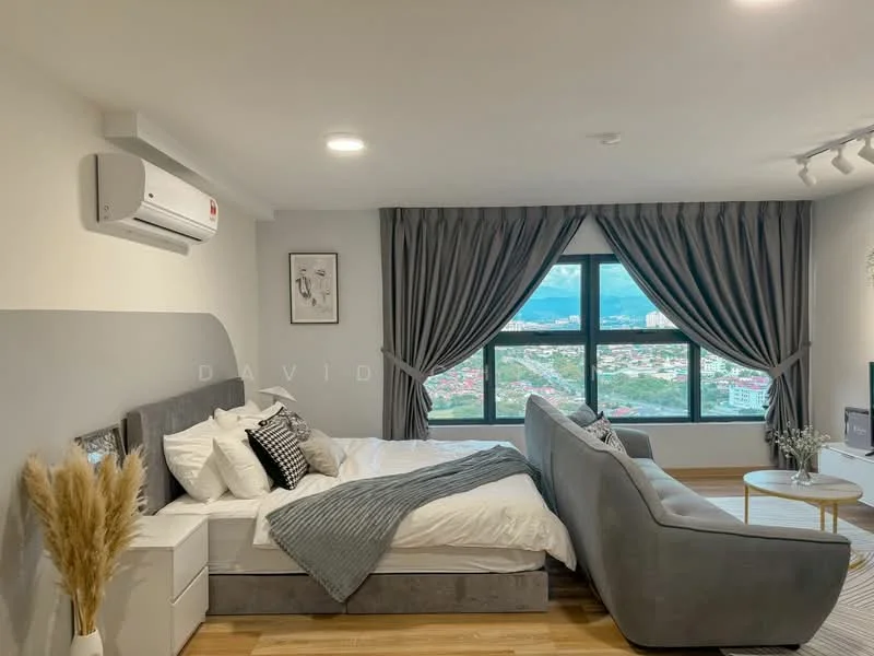 Bedroom features: king-size bed with grey upholstered headboard, white bedding with decorative pillows, grey throw blanket, 2 bedside tables with lamps, wall-mounted air conditioning unit, floor-to-ceiling windows, curtains in grey fabric, sofa in light grey fabric, wooden flooring, decorative wall art, small round coffee table, potted decorative plants; style: modern; view: city.