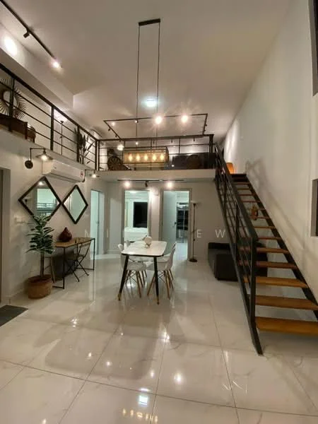 Living features: white painted walls, glossy ceramic tile flooring, exposed ceiling beams, pendant light fixture, 5-blade ceiling fan, dining table with four chairs, decorative wall mirror, staircase with wooden steps and metal railing, sofa, indoor plants, air conditioning unit; style: modern.