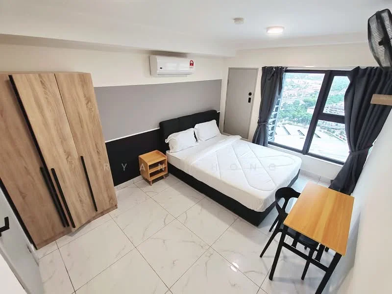 Bedroom features: queen-size bed with white bedding, wooden bedside table, black chair, wooden wardrobe with sliding doors, white painted walls, grey accent wall, marble tile flooring, floor-to-ceiling window with city view, wall-mounted air conditioning unit, curtains, LED ceiling light; style: modern; view: city.