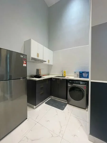 Kitchen features: stainless-steel fridge, built-in oven, single-bowl stainless-steel sink, chrome pull-down faucet, white shaker cabinets, grey flat-panel lower cabinets, countertop with white surface, ceramic tile backsplash, front-load washing machine, marble tile flooring, recessed downlights, grey painted walls; style: modern.