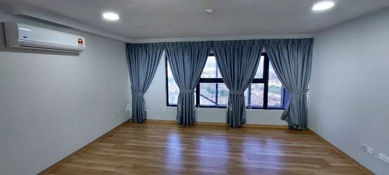Room features: light grey painted walls, laminate wood flooring, floor-to-ceiling windows, blue curtains, 1 wall-mounted split AC, recessed LED downlights; style: modern; view: city.