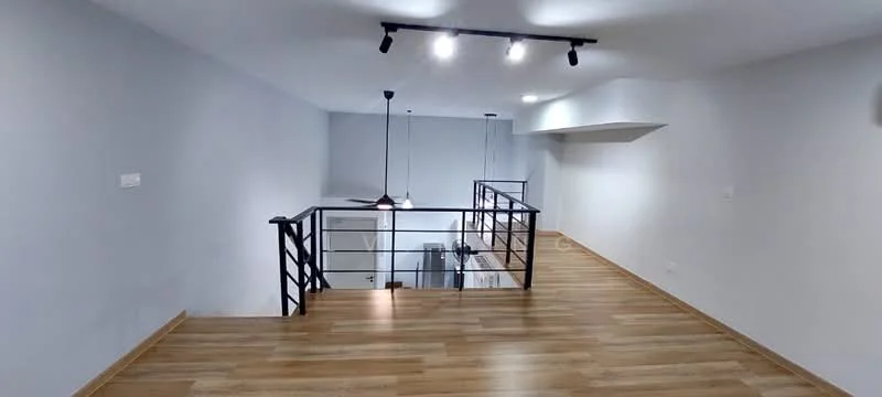 Room features: wooden flooring, white painted walls, track lighting, pendant light, black metal railing, open space layout, high ceiling, natural light from windows; style: modern.