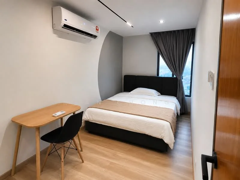 Bedroom features: queen-size bed, upholstered headboard, bedside table, black dining chair, wall-mounted air conditioning unit, floor-to-ceiling window, curtains, light wood flooring, neutral painted walls, desk lamp; style: modern; view: city.