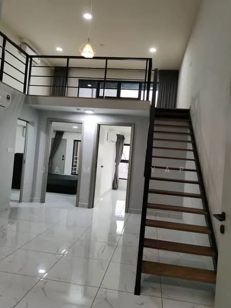 Room features: white painted walls, marble tile flooring, staircase with wooden steps, metal railing, recessed downlights, large windows with curtains, open space layout, ceiling pendant light; style: modern.