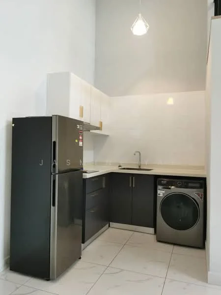 Kitchen features: stainless-steel fridge, built-in oven, single-bowl stainless-steel sink, chrome pull-down faucet, laminate countertop, white upper cabinets, dark grey lower cabinets, front-load washing machine, tile backsplash, marble tile flooring, pendant light, recessed downlights; style: modern.