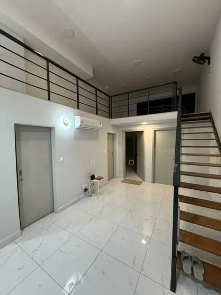 Room features: white painted walls, marble tile flooring, 1 wall-mounted split AC, staircase with wooden steps, metal railing, recessed ceiling lights, door with grey finish, door with white finish, entry mat, decorative wall sconce; style: modern.