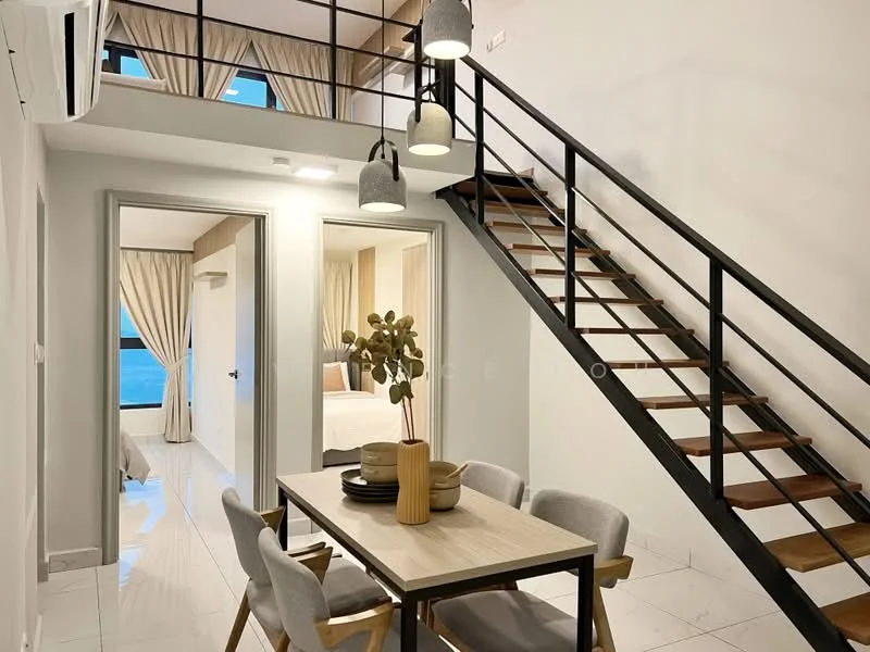 Living features: white painted walls, marble tile flooring, 5-blade ceiling fan with light, dining table with 4 chairs, staircase with black metal railing, large window with sheer curtains, decorative plant in vase, recessed lighting; style: modern; view: city. Room features: white painted walls, carpet flooring, large window with sheer curtains.