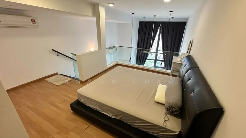 Bedroom features: king-size bed, black upholstered headboard, wooden flooring, floor-to-ceiling windows, blackout curtains, recessed downlights, 1 wall-mounted split AC, glass railing, staircase, neutral wall color; style: modern; view: city.