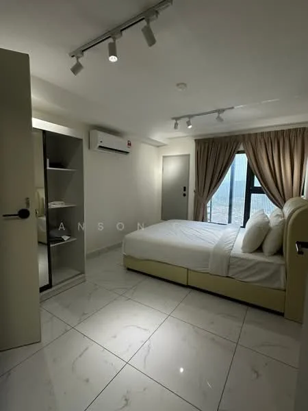 Bedroom features: queen-size bed with upholstered headboard, white bedding, marble tile flooring, floor-to-ceiling window, curtains, 1 wall-mounted split AC, built-in wardrobe with sliding doors, shelves, recessed downlights, light-colored walls; style: modern; view: city.