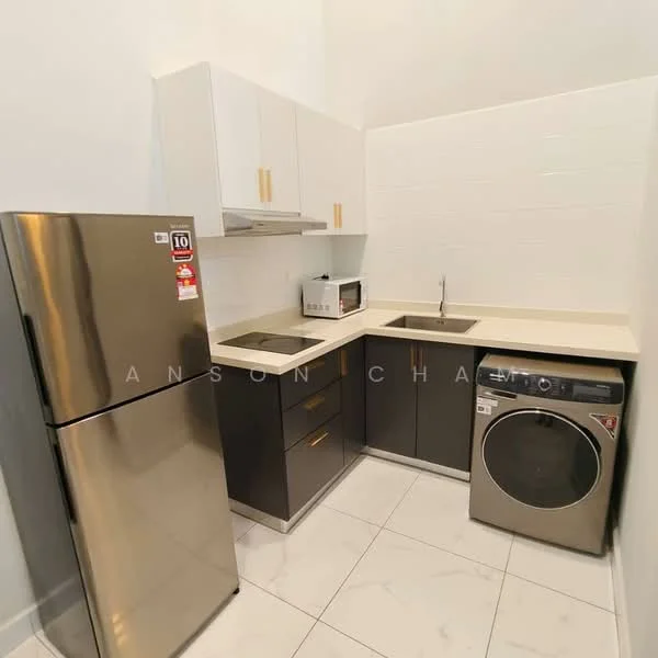 Kitchen features: stainless-steel fridge, built-in oven, microwave, single-bowl stainless-steel sink, chrome pull-down faucet, laminate countertop, dark cabinetry, light upper cabinets, washing machine, ceramic tile flooring, white tiled backsplash; style: modern.