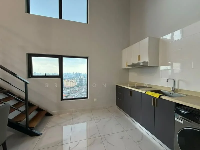 Kitchen features: marble tile flooring, grey lower cabinets, white upper cabinets, stainless-steel sink, chrome pull-down faucet, kitchen countertop, built-in washing machine, floor-to-ceiling window, city view; style: modern; view: city.