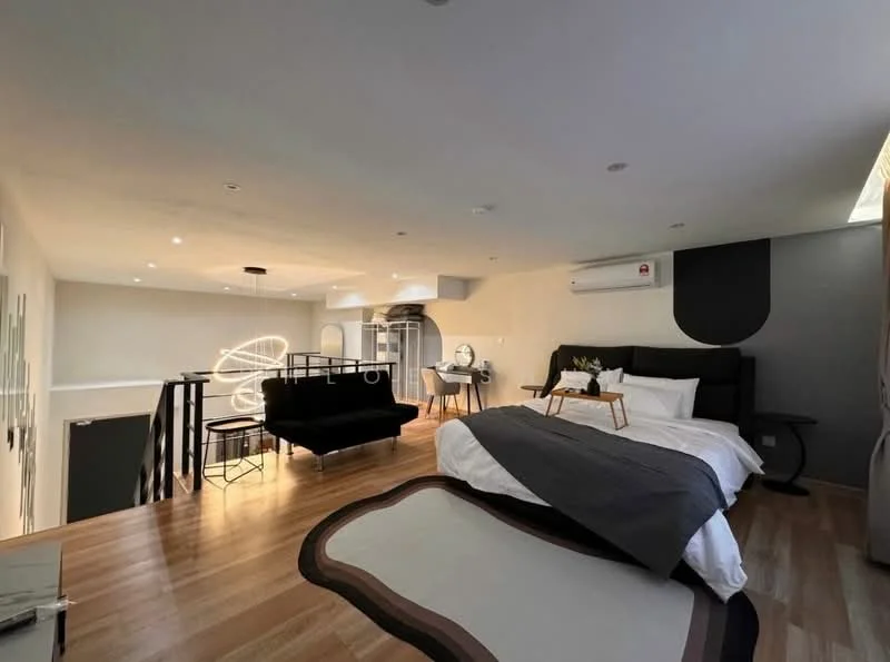 Bedroom features: king-size bed with black upholstered headboard, white bedding with grey throw blanket, wooden flooring, recessed downlights, ceiling-mounted light fixture, large window with natural light, black accent wall, decorative area rug with abstract pattern, small side table, decorative vase with flowers, wall-mounted air conditioning unit, open space layout; style: modern.