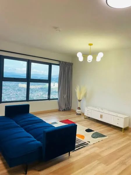 Living features: blue fabric sofa, area rug with geometric pattern, white sideboard cabinet, chandelier with multiple bulbs, floor-to-ceiling windows, curtains, wooden flooring, city view; style: modern; view: city.