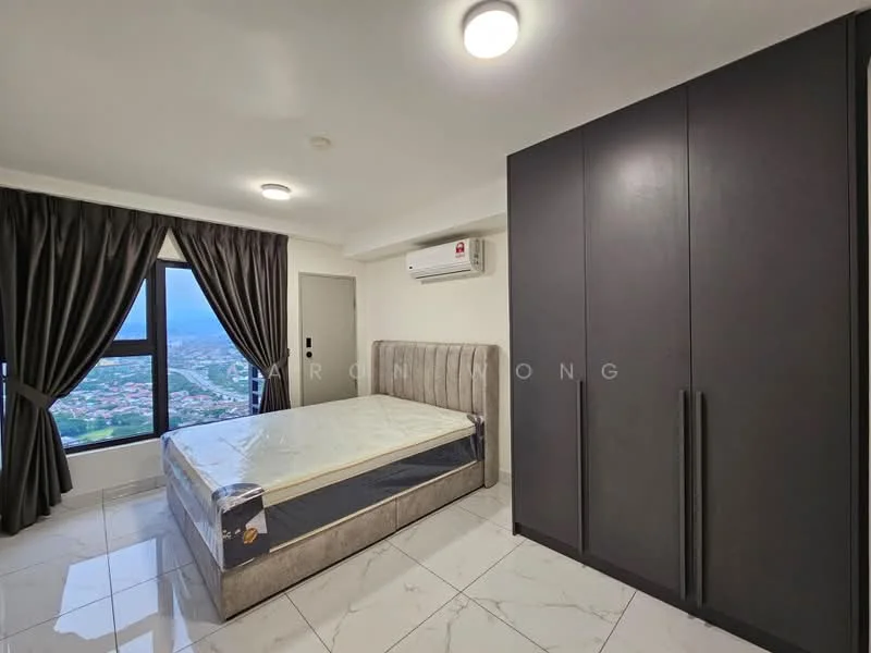 Bedroom features: queen-size bed, upholstered headboard, built-in wardrobe with sliding doors, floor-to-ceiling window, blackout curtains, wall-mounted split AC, marble tile flooring, recessed ceiling lights; style: modern; view: city.
