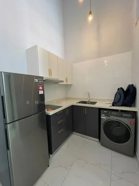 Kitchen features: grey lower cabinets, white upper cabinets, stainless-steel fridge, stainless-steel sink, chrome faucet, white tiled backsplash, washing machine, marble tile flooring, pendant light fixture, countertop with integrated space for appliances; style: modern.