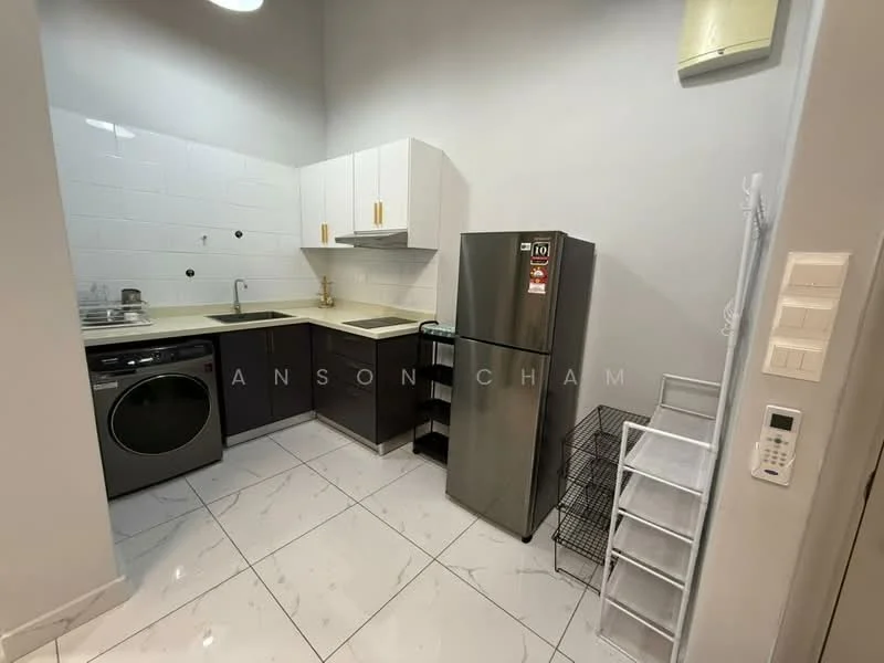 Kitchen features: white tiled backsplash, cream countertop, grey lower cabinets, white upper cabinets, stainless-steel single-bowl sink, chrome pull-down faucet, built-in gas stove, stainless-steel refrigerator, front-load washing machine, marble tile flooring, recessed ceiling lights, wall-mounted air conditioning unit, open shelving; style: modern.