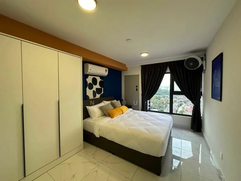 Bedroom features: queen-size bed with white bedding, upholstered headboard, 2 yellow decorative pillows, built-in wardrobe with white finish, floor-to-ceiling window, curtains in dark brown, wall-mounted air conditioning unit, marble tile flooring, painted accent wall in blue, ceiling light fixture; style: modern; view: city.