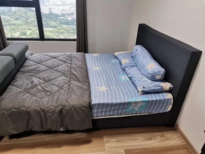 Bedroom features: queen-size bed, dark grey upholstered headboard, blue bedding with star pattern, grey quilted bedspread, wooden flooring, floor-to-ceiling windows, curtains, decorative bolster pillow; style: modern; view: city.
