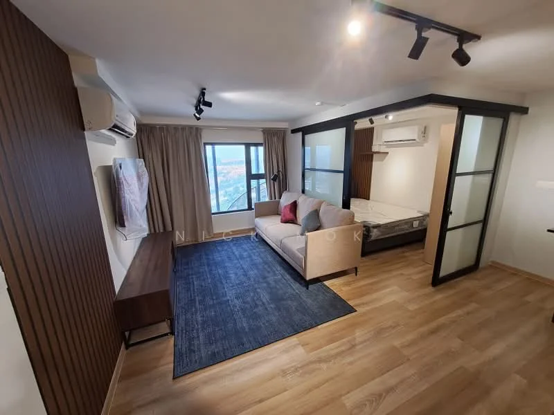 Living features: 3-seater fabric sofa in beige, wooden coffee table, area rug with geometric pattern, floor-to-ceiling windows, curtains, wall-mounted TV, TV console, wood panel accent wall, laminate flooring, 1 wall-mounted split AC, recessed LED downlights; style: modern; view: city. Bedroom features: queen-size bed, bedding, built-in wardrobe with sliding glass doors, laminate flooring, 1 wall-mounted split AC; style: modern; view: city.