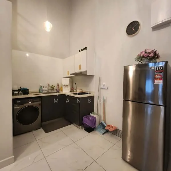 Kitchen features: white upper cabinets, grey lower cabinets, stainless-steel fridge, built-in oven, 4-burner gas hob, single-bowl stainless-steel sink, chrome pull-down faucet, ceramic tile flooring, white tiled backsplash, washing machine, wall-mounted clock, pendant light, open shelving, decorative plants; style: modern.