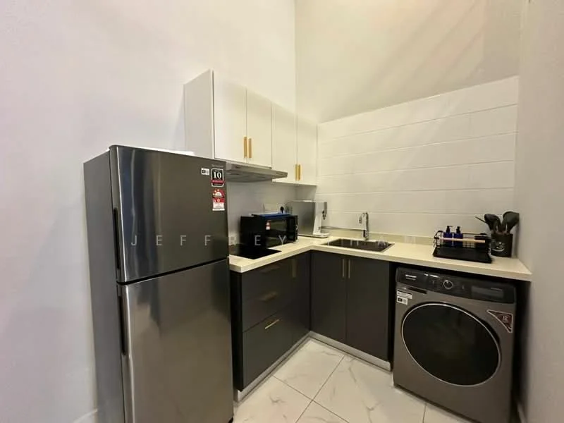 Kitchen features: stainless-steel fridge, built-in microwave, single-bowl stainless-steel sink, chrome pull-down faucet, laminate countertop, grey cabinetry with gold handles, washing machine, white tiled backsplash, marble tile flooring, recessed downlights, open shelving, kitchen utensils, kitchen appliances; style: modern.