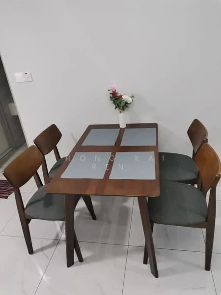 Dining features: wooden dining table, 4-seater dining table, grey placemats, wooden dining chairs, upholstered seating, decorative flower vase, white painted walls, glossy tile flooring; style: modern.