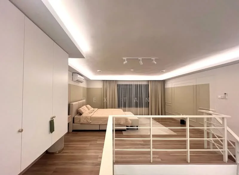 Bedroom features: king-size bed, upholstered headboard, white painted walls, recessed LED downlights, wooden flooring, floor-to-ceiling windows with sheer curtains, built-in wardrobe with sliding doors, white ceiling, decorative wall mirror, air conditioning unit; style: modern.