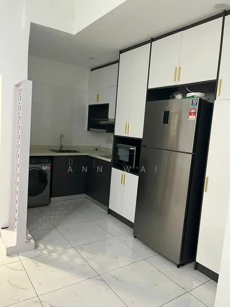 Kitchen features: white upper cabinets, black lower cabinets, stainless-steel fridge, built-in microwave, single-bowl stainless-steel sink, chrome pull-down faucet, ceramic tile flooring, washing machine, countertop with space for appliances, wall-mounted cabinets, modern cabinet handles, open layout, natural light from window; style: modern.