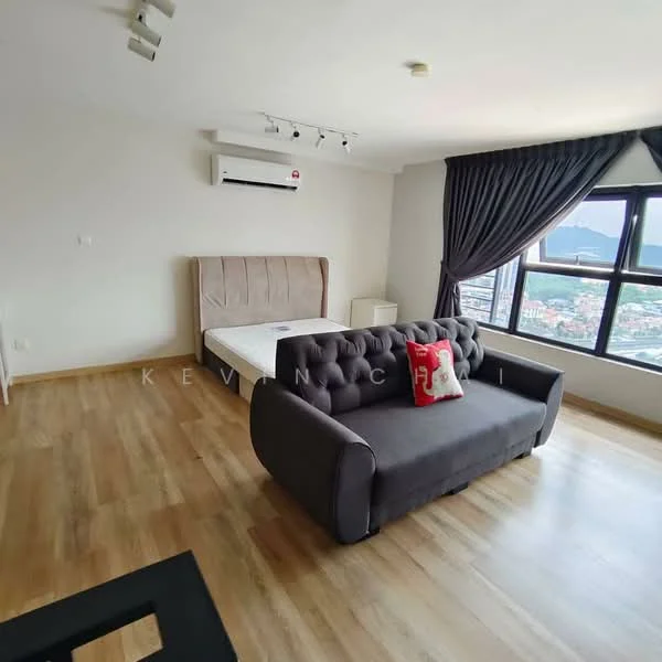 Bedroom features: queen-size bed, upholstered headboard, grey fabric sofa, decorative cushion, floor-to-ceiling windows, curtains, wall-mounted split AC, wooden flooring, recessed ceiling lights; style: modern; view: mountain.