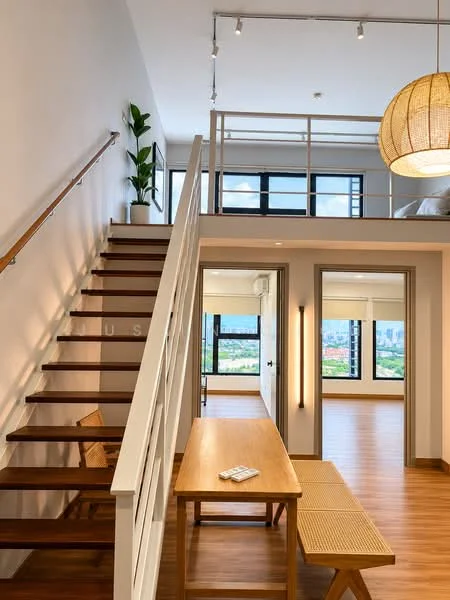 Room features: wooden staircase with white railing, pendant light fixture, large windows with city view, wooden dining table, bench seating, laminate flooring, indoor plant in pot, neutral wall color, recessed ceiling lights; style: modern; view: city.