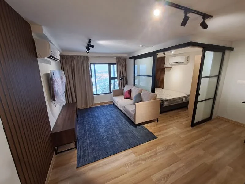 Living features: 3-seater fabric sofa in light grey, wooden coffee table, TV console, wall-mounted TV, area rug with geometric pattern, floor-to-ceiling windows, curtains, wooden flooring, wall-mounted split AC, recessed downlights, decorative wall paneling, light fixture with track lighting; style: modern; view: city. Bedroom features: queen-size bed, bedside table, built-in wardrobe with glass doors, wooden flooring, wall-mounted split AC; style: modern; view: city.