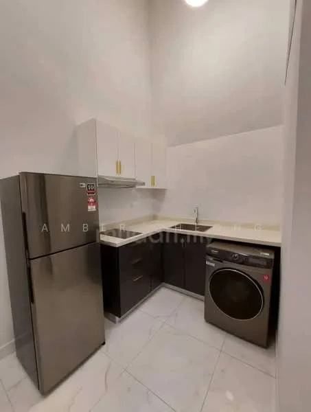 Kitchen features: stainless-steel fridge, built-in oven, single-bowl stainless-steel sink, chrome pull-down faucet, white shaker cabinets, dark wood lower cabinets, marble countertop, ceramic tile flooring, washer-dryer combo, wall-mounted cabinet, under-cabinet lighting; style: modern.