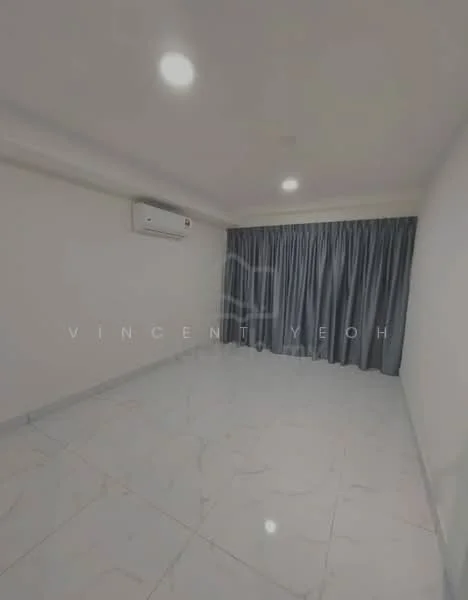 Room features: white painted walls, marble tile flooring, recessed downlights, 1 wall-mounted split AC, floor-to-ceiling curtains in grey, no visible furniture or decor; style: modern.
