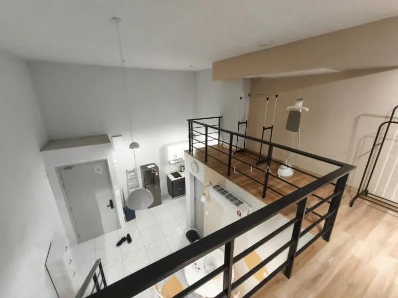 Room features: white painted walls, wooden flooring, open layout, kitchen area with appliances, dining table, balcony railing, recessed lighting, ceiling light fixture, laundry area, door to another room, stainless-steel fridge, kitchen cabinets, countertop, washer-dryer unit; style: modern.