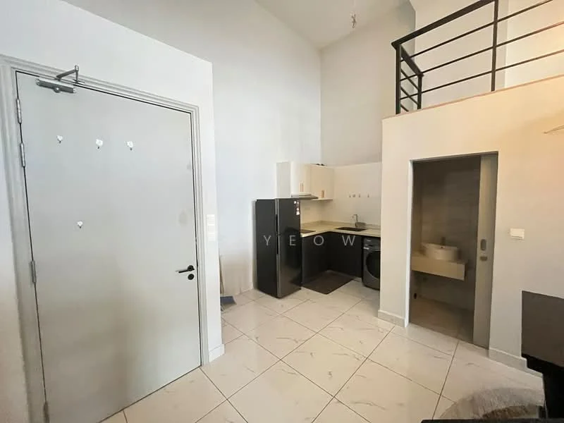 Kitchen features: white cabinetry, black refrigerator, built-in oven, washing machine, marble tile flooring, grey countertop, single-bowl stainless-steel sink, chrome pull-down faucet, wall-mounted light fixture, open shelving, high ceiling; style: modern. Room features: white painted walls, tile flooring, door to exterior, staircase railing.