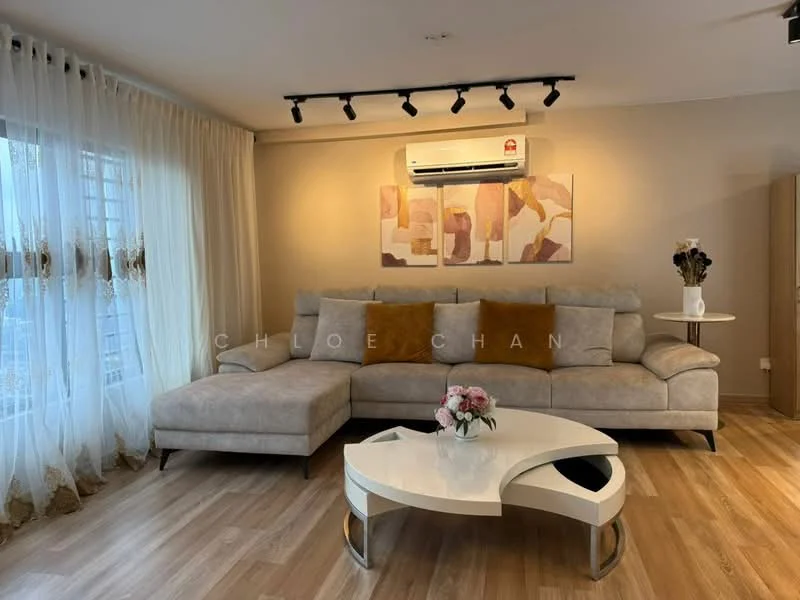 Living features: L-shape sectional sofa in light grey, two brown accent cushions, white coffee table with curved design, wall-mounted air conditioning unit, recessed ceiling lights, curtains with sheer and patterned fabric, wooden flooring, framed artwork on wall; style: modern.
