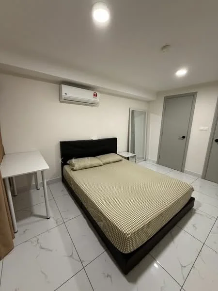 Bedroom features: king-size bed with checkered bedding, white walls, marble tile flooring, 1 wall-mounted split AC, mirror on stand, white bedside table, grey door, recessed downlights; style: modern.