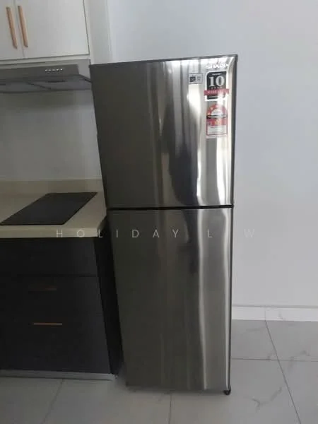 Kitchen features: stainless-steel fridge, countertop with light-colored surface, dark cabinetry, built-in kitchen appliances, ceramic tile flooring, wall-mounted range hood; style: modern.