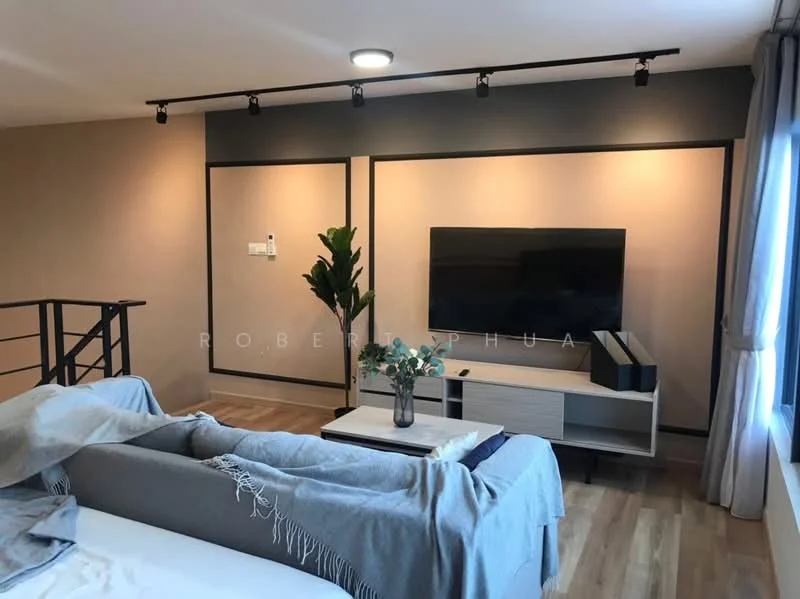 Living features: grey fabric sofa, wooden coffee table, wall-mounted TV, light wood flooring, recessed ceiling lights, decorative plant in pot, neutral painted walls, shelf unit, curtains, track lighting; style: modern.