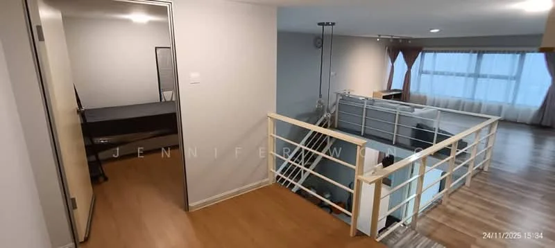 Room features: wooden flooring, white painted walls, large windows with sheer curtains, balcony railing, open space layout, interior staircase, recessed lighting, doorway leading to another room; style: modern.